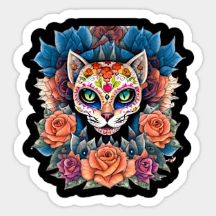 Sugar Skull Art featuring a mesmerizing Flower Skull Cat Sticker